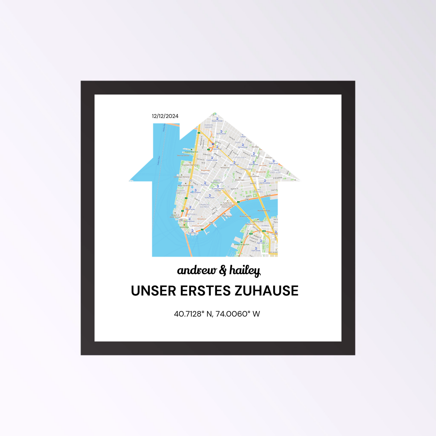 Personalisierte Lovers’ First Home Straßenkarte auf Leinwand – Quadratisches Wandbild mit Namen & Datum