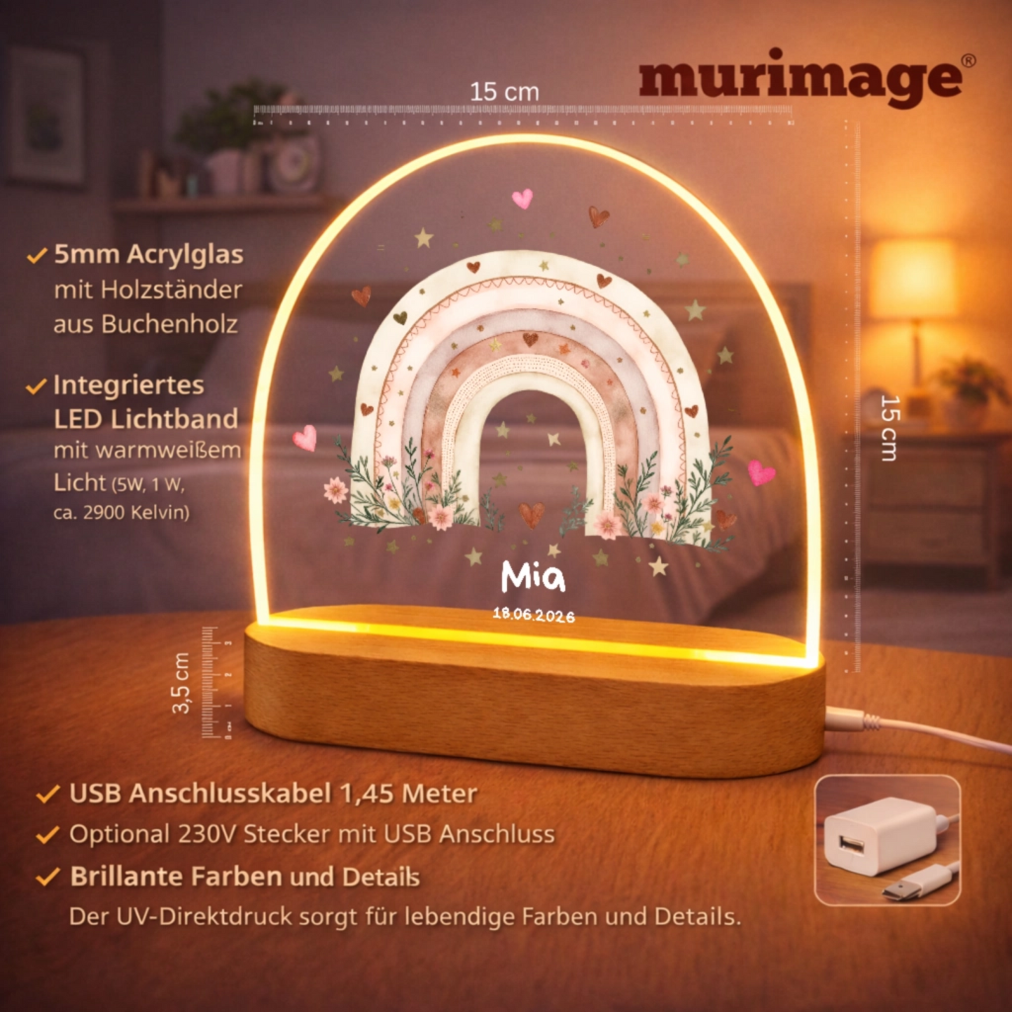 Personalisiertes Nachtlicht mit Regenbogen – LED Acryl Lampe mit Name & Geburtsdatum – Geschenk zur Geburt oder Taufe