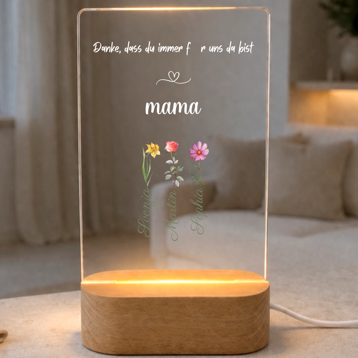 Personalisiertes Herz Acryl LED Nachtlicht für Mama – Individuelles Namensgeschenk für Mutter mit Holzsockel