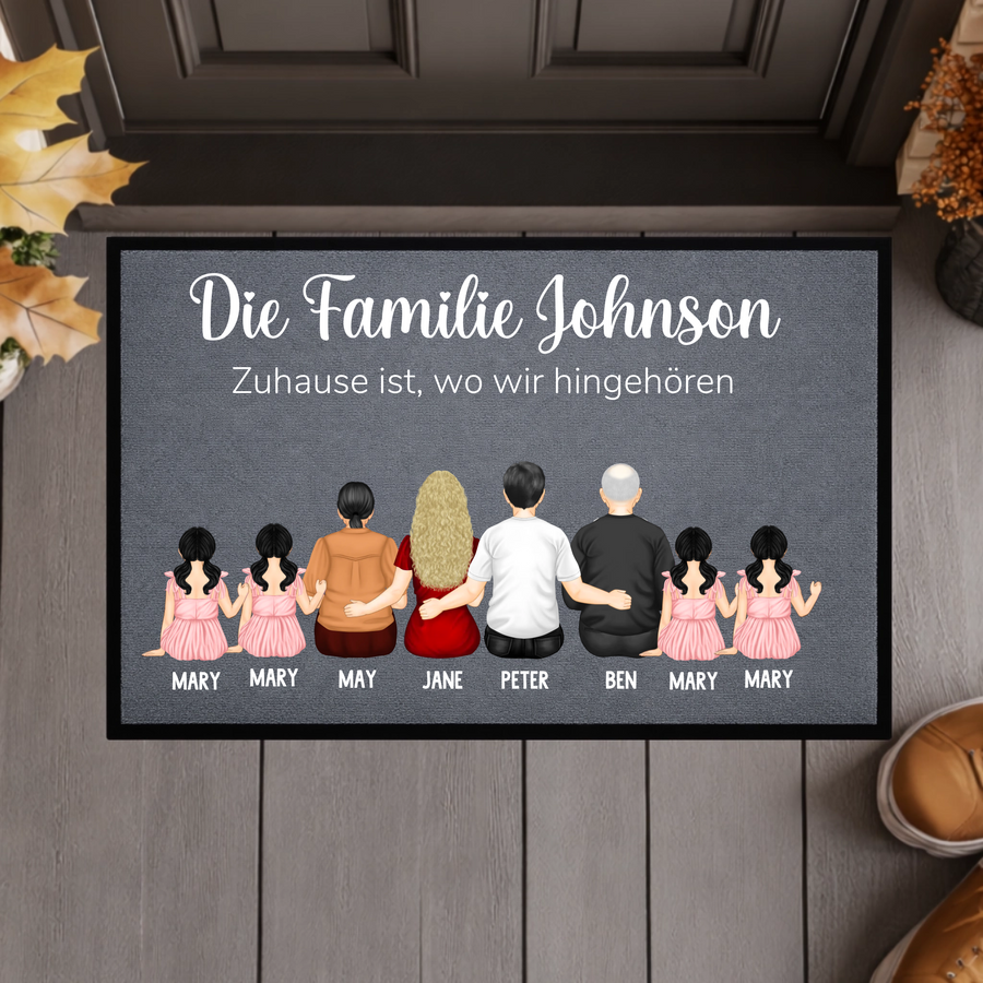 Personalisierte Familien-Fußmatte mit Namen – Individuelle Fußmatte mit Familiennamen – Willkommen Fußmatte „Die Familie“ – Einzugsgeschenk für neues Zuhause