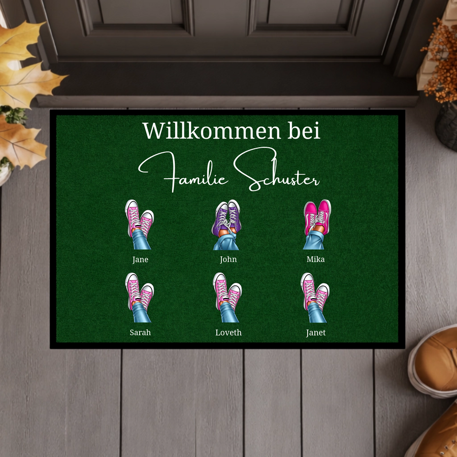 Personalisierte Familien-Fußmatte – Individuelle Fußmatte mit Namen und Schuh-Design