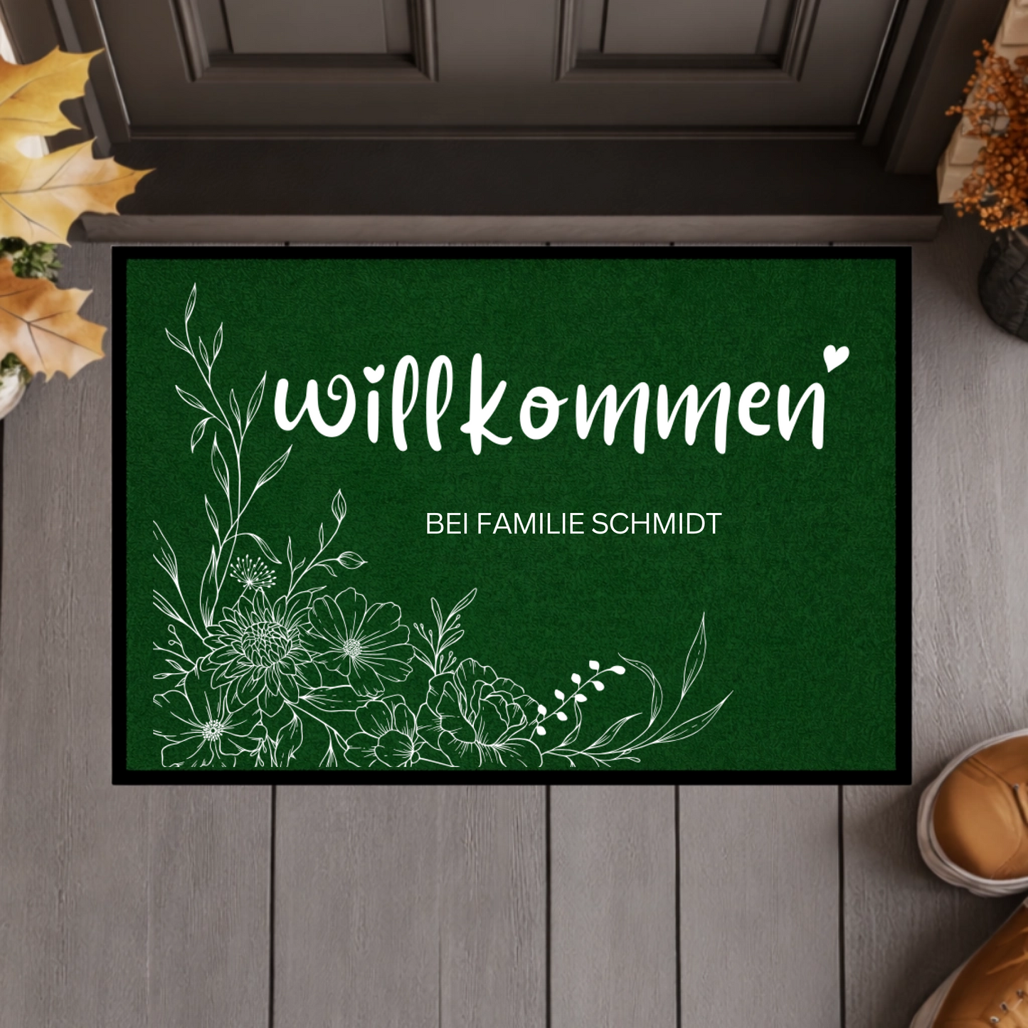 Personalisierte Blumen Willkommen Fußmatte mit Familiennamen – Individuelle Eingangsmatte, Geschenk zum Einzug