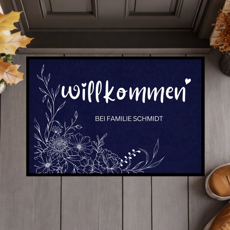 Personalisierte Blumen Willkommen Fußmatte mit Familiennamen – Individuelle Eingangsmatte, Geschenk zum Einzug