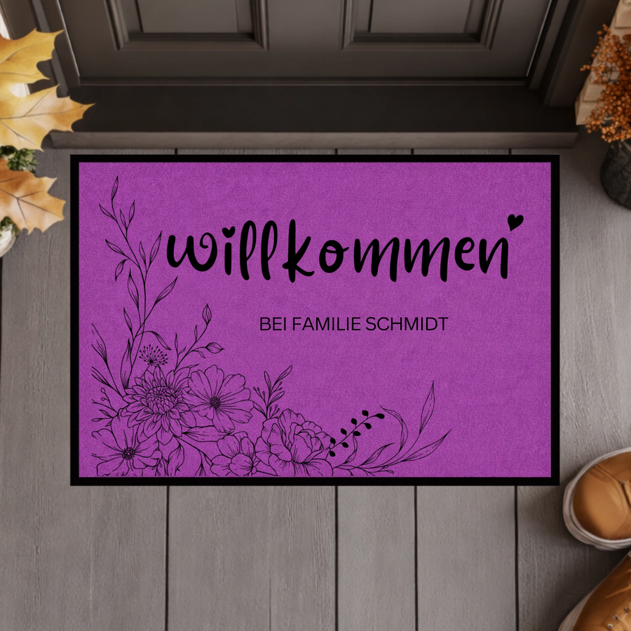 Personalisierte Blumen Willkommen Fußmatte mit Familiennamen – Individuelle Eingangsmatte, Geschenk zum Einzug