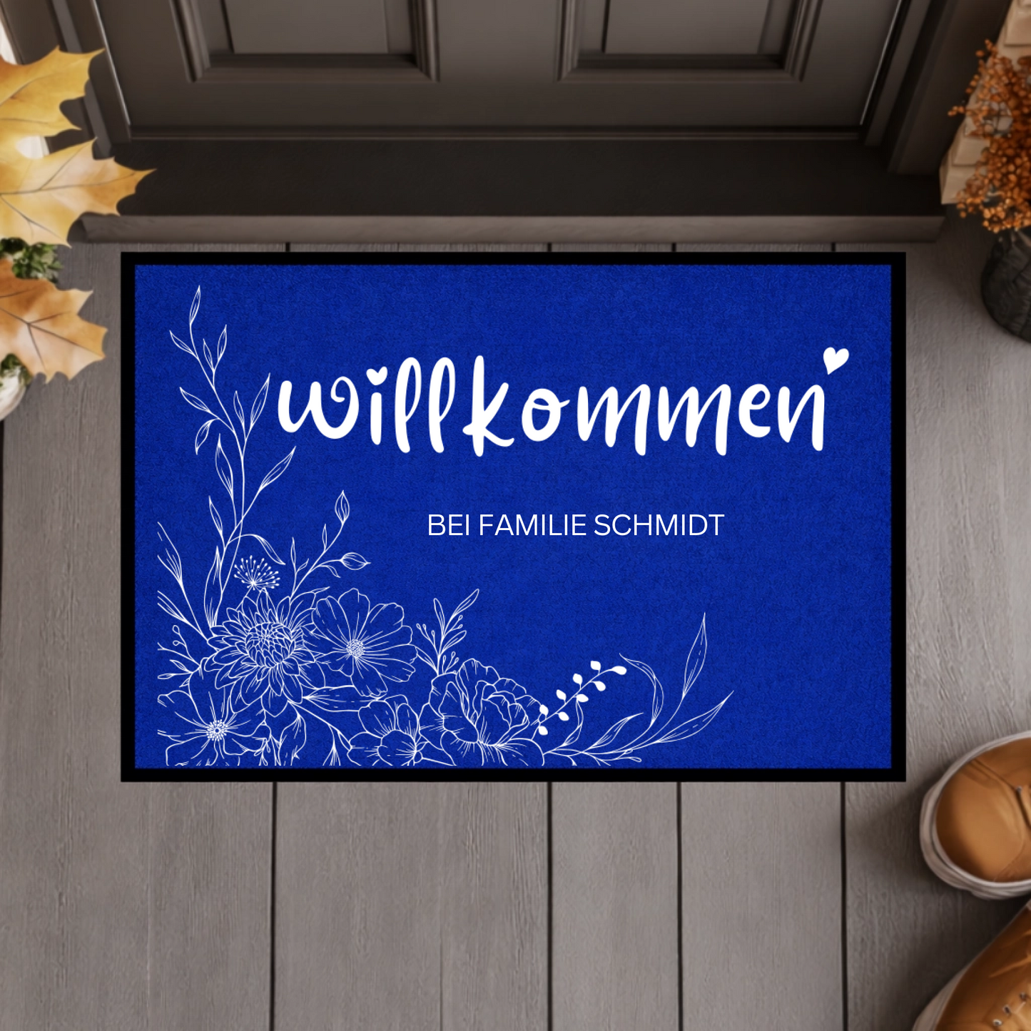 Personalisierte Blumen Willkommen Fußmatte mit Familiennamen – Individuelle Eingangsmatte, Geschenk zum Einzug