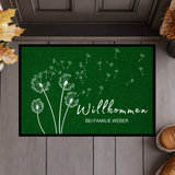 Personalisierte Fußmatte mit Namen – Willkommen bei Familie – Pusteblume Türmatte mit Gummirand