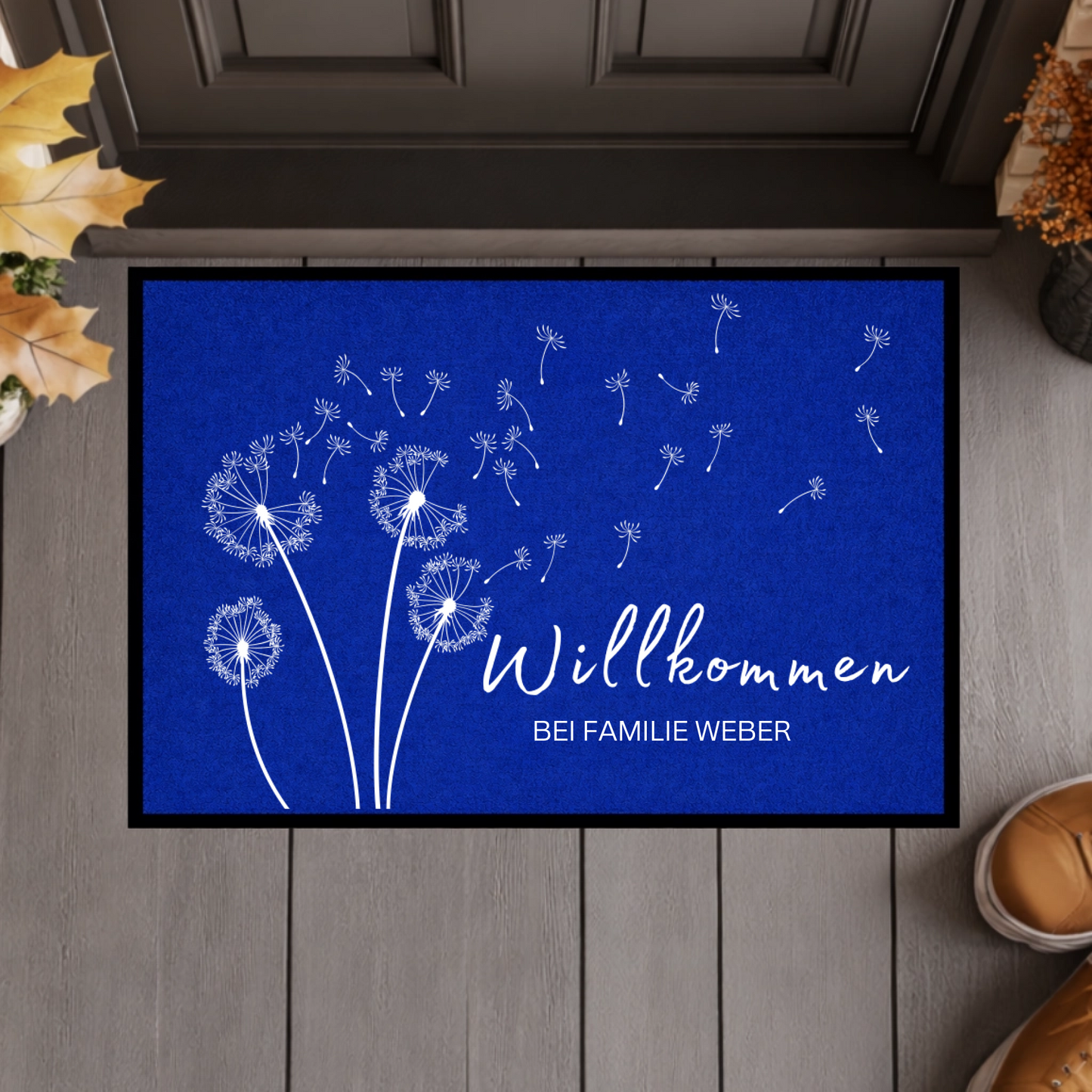Personalisierte Fußmatte mit Namen – Willkommen bei Familie – Pusteblume Türmatte mit Gummirand