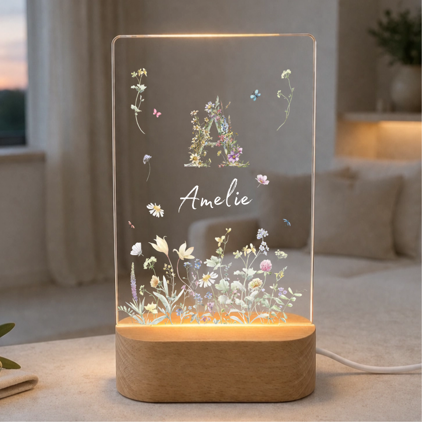 Personalisiertes Herz LED Nachtlicht – Acryl Lampe mit Wunschnamen, floralem Design & Holzsockel