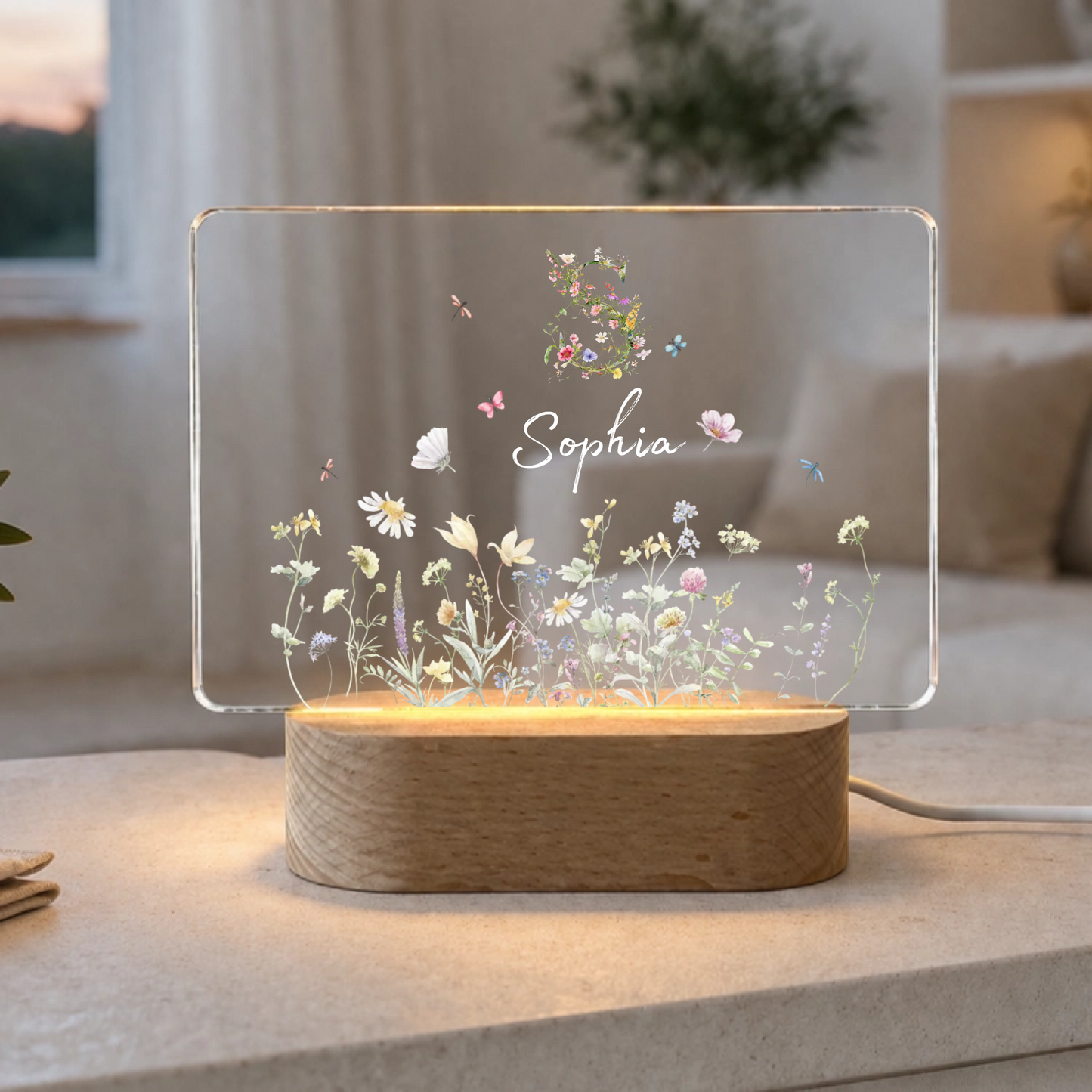 Personalisiertes Herz LED Nachtlicht – Acryl Lampe mit Wunschnamen, floralem Design & Holzsockel