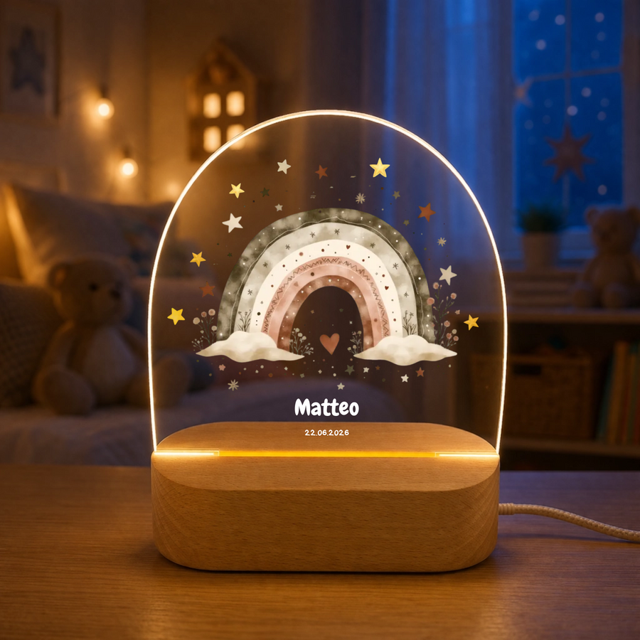 Personalisiertes Nachtlicht mit Regenbogen – LED Acryl Lampe mit Name & Geburtsdatum – Geschenk zur Geburt oder Taufe