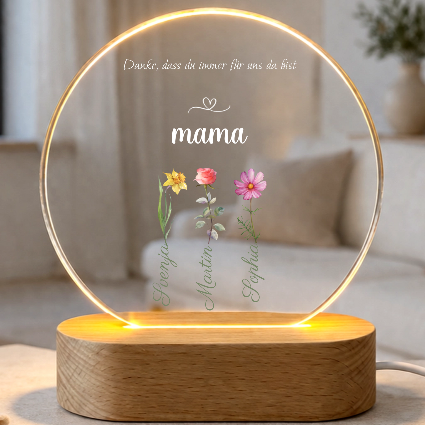 Personalisiertes Herz Acryl LED Nachtlicht für Mama – Individuelles Namensgeschenk für Mutter mit Holzsockel
