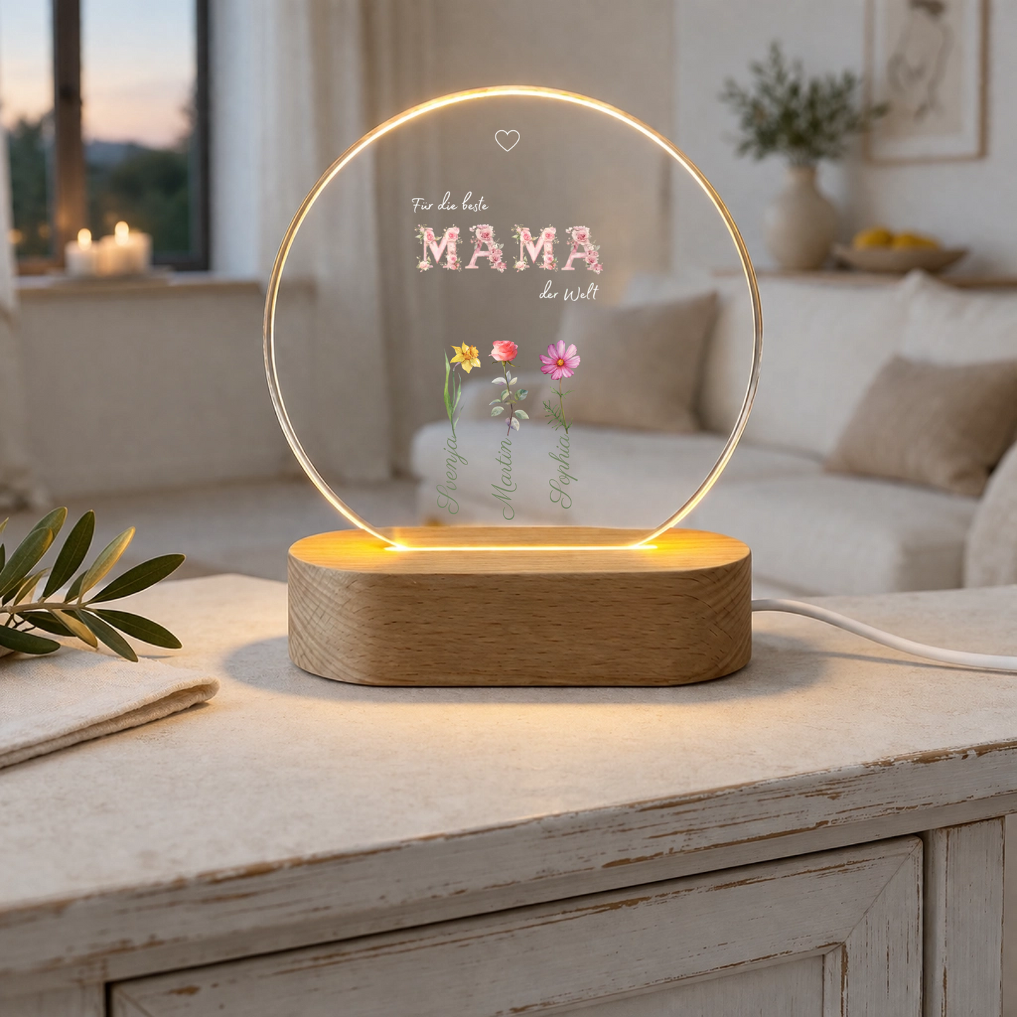 Personalisierte Mama Lampe mit floralen Details | Modernes LED Nachtlicht
