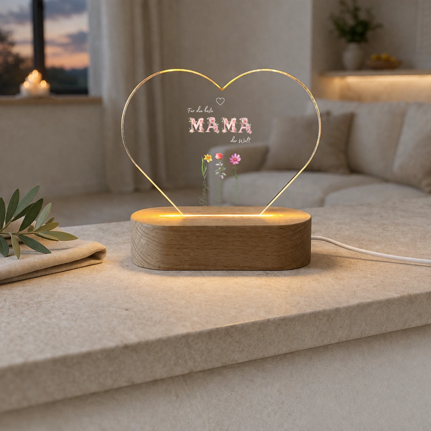 Personalisierte Mama Lampe mit floralen Details | Modernes LED Nachtlicht