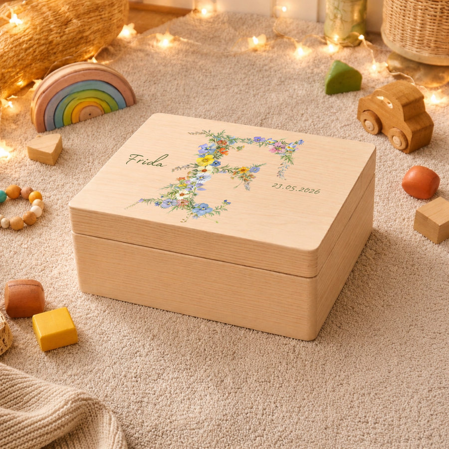 Personalisierte Memory Box aus Holz | Erinnerungsbox mit Blumenbuchstabe