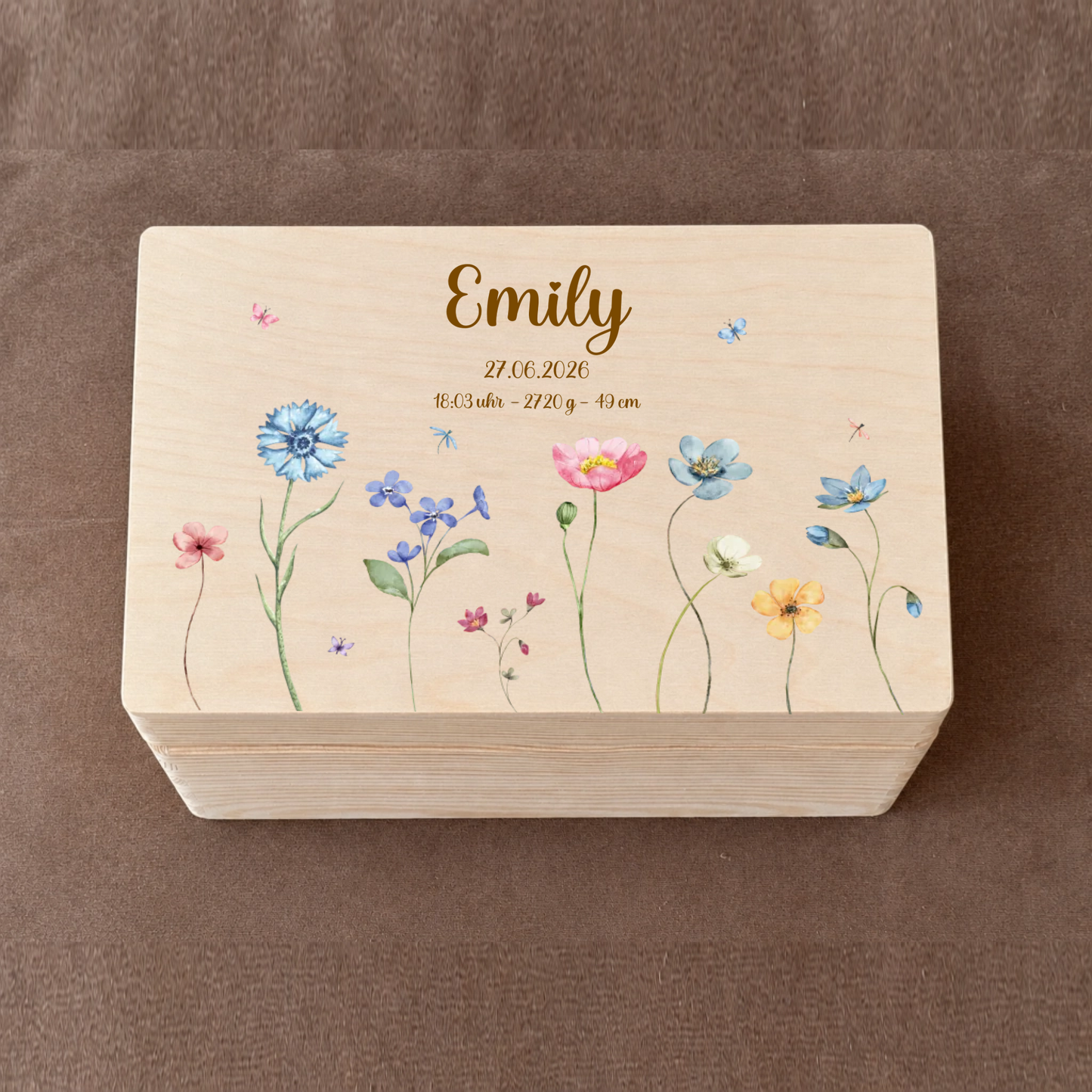 Personalisierte Holzkiste mit Wildblumen & Geburtsdaten | Erinnerungsbox aus Holz mit Wunschname