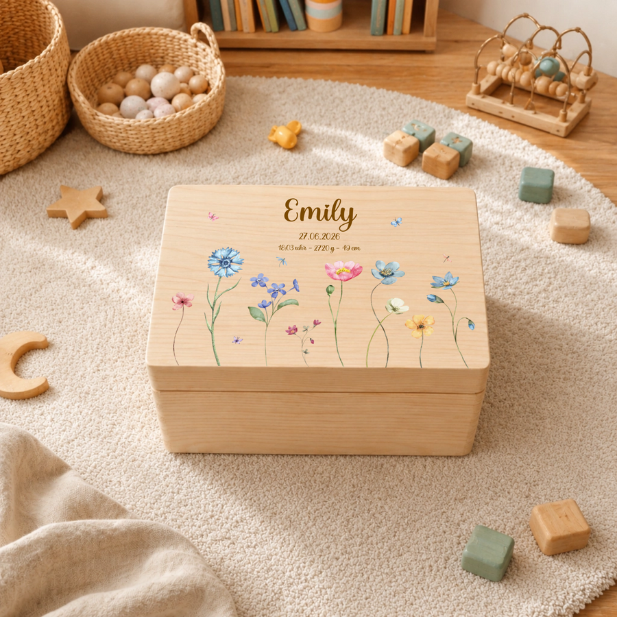 Personalisierte Holzkiste mit Wildblumen & Geburtsdaten | Erinnerungsbox aus Holz mit Wunschname