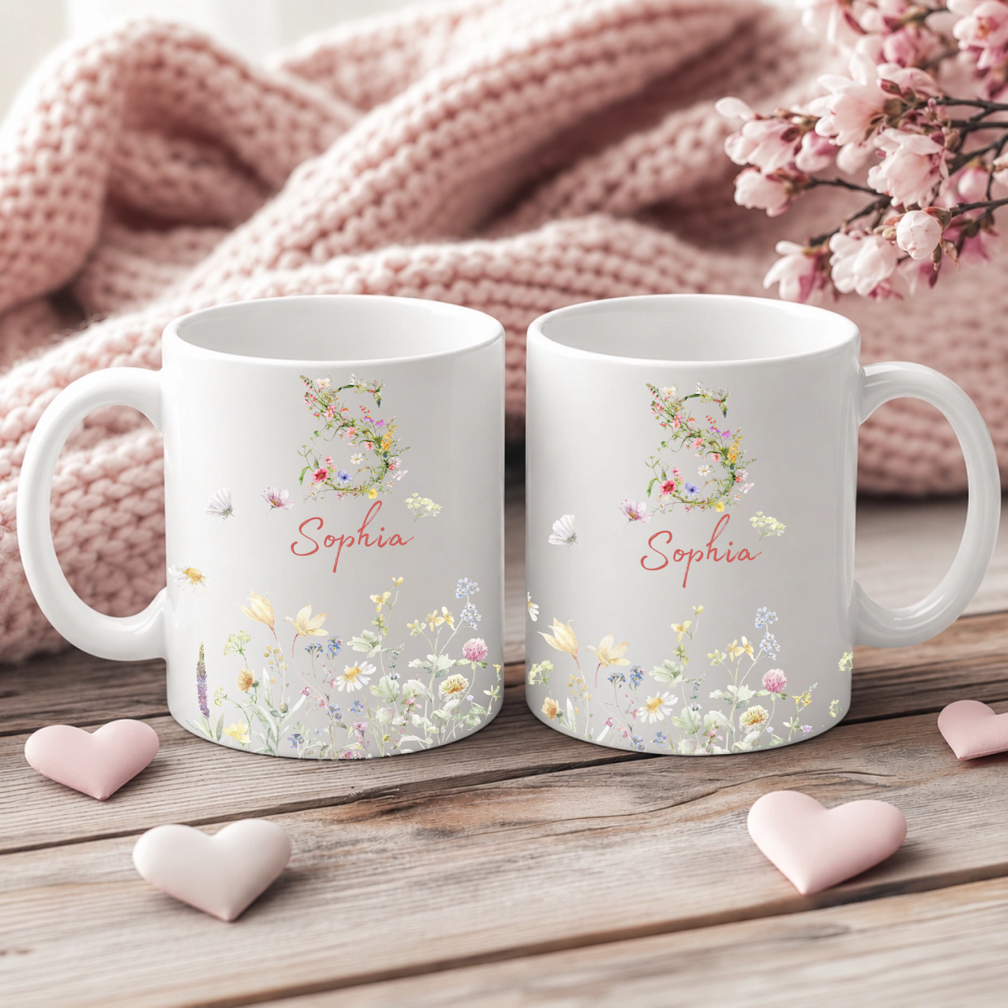 Personalisierte Wildblumen Tasse mit Initiale & Name | Individuelle Blumen Monogramm Keramiktasse für Frauen & Mädchen