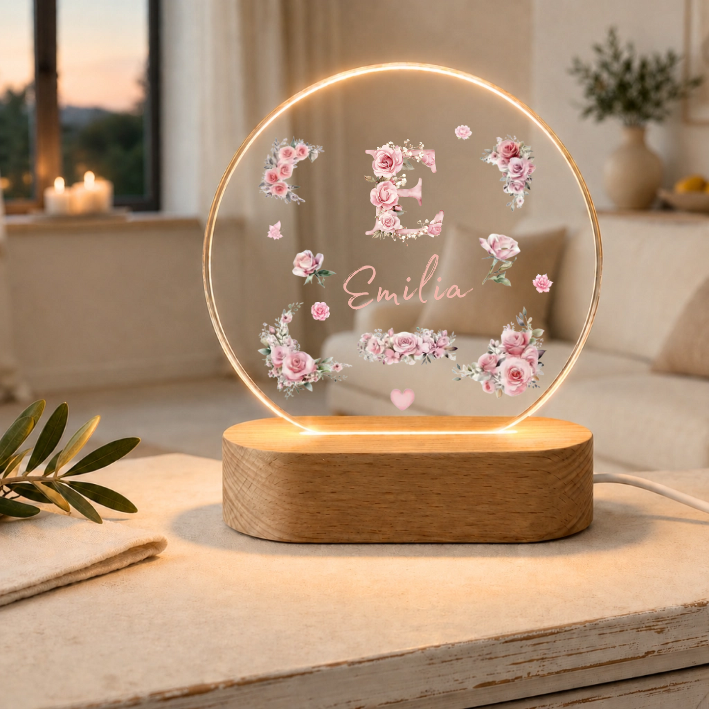 Personalisierte Rosen-Monogramm LED Nachtlampe mit Namen | Individuelle Acryl Lampe als Geschenk für Mädchen, Schwestern, beste F