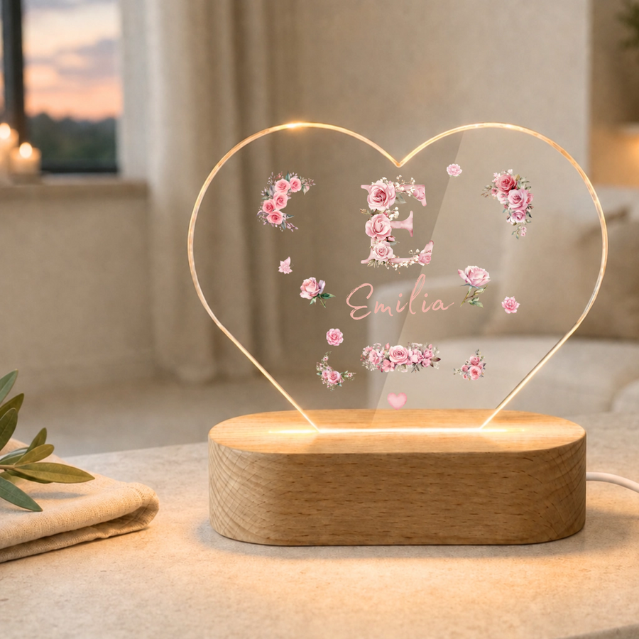 Personalisierte Rosen-Monogramm LED Nachtlampe mit Namen | Individuelle Acryl Lampe als Geschenk für Mädchen, Schwestern, beste F