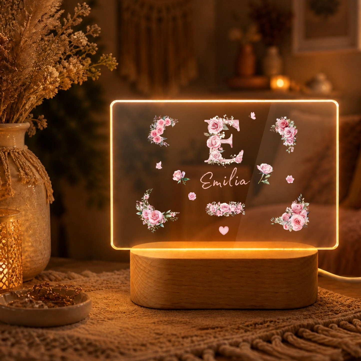 Personalisierte Rosen-Monogramm LED Nachtlampe mit Namen | Individuelle Acryl Lampe als Geschenk für Mädchen, Schwestern, beste F