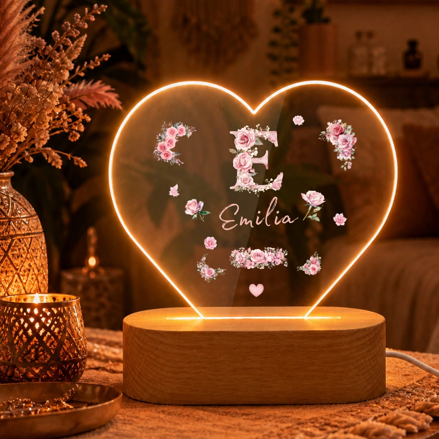 Personalisierte Rosen-Monogramm LED Nachtlampe mit Namen | Individuelle Acryl Lampe als Geschenk für Mädchen, Schwestern, beste F