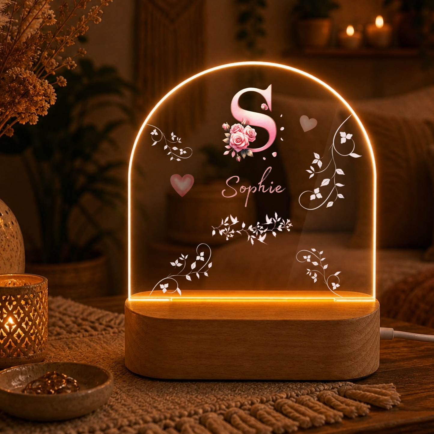 Personalisierte LED Nachtlampe mit Rosen Monogramm & Namen | Individuelle Acryl Lampe als romantisches Geschenk für Frauen, Mädchen & Schlafzimmer Deko