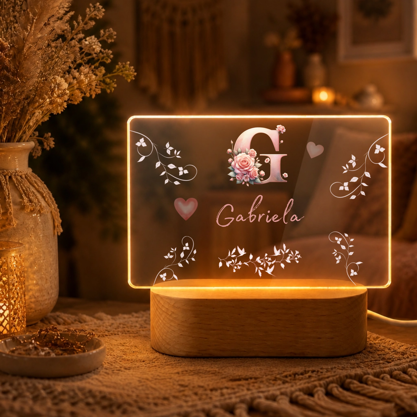 Personalisierte LED Nachtlampe mit Rosen Monogramm & Namen | Individuelle Acryl Lampe als romantisches Geschenk für Frauen, Mädchen & Schlafzimmer Deko