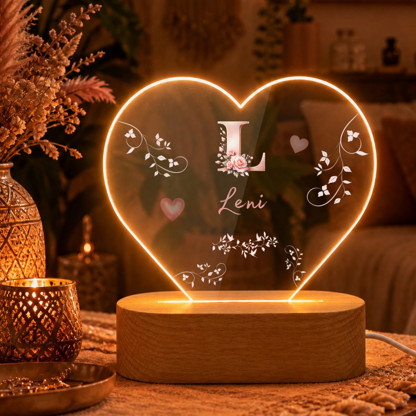 Personalisierte LED Nachtlampe mit Rosen Monogramm & Namen | Individuelle Acryl Lampe als romantisches Geschenk für Frauen, Mädchen & Schlafzimmer Deko