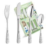4-teiliges Edelstahl Kinderbesteck Bauernhof-Design ausgepackt – Messer, Gabel, großer und kleiner Löffel