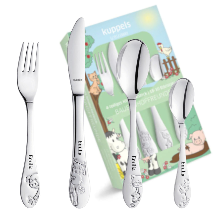 4-teiliges Edelstahl Kinderbesteck Bauernhof-Design ausgepackt – Messer, Gabel, großer und kleiner Löffel