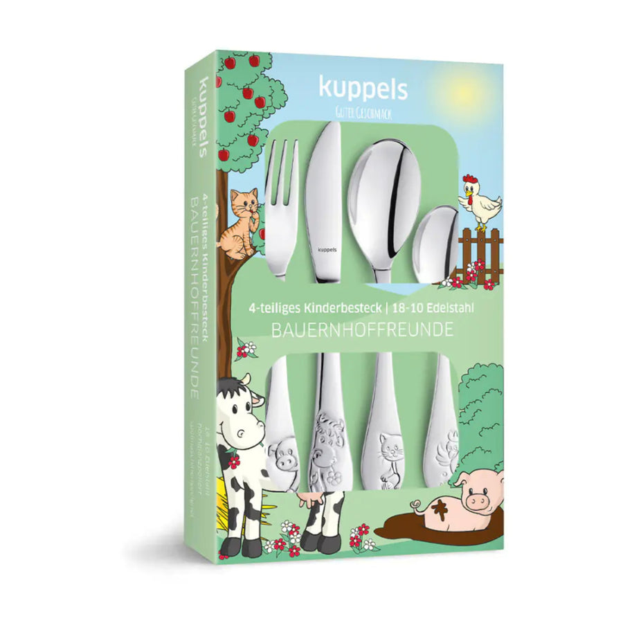 Kinderbesteck Bauernhof-Design als Geschenk verpackt – ideal zur Taufe, Geburt oder zum Geburtstag