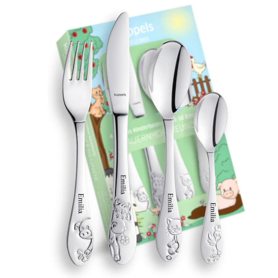 Kinderbesteck mit Gravur personalisiert I 4teilig aus Edelstahl I Namensgravur I Bauernhof-Design I Besteck mit Namen I Personalisiertes Geschenk für Kinder I Taufgeschenk