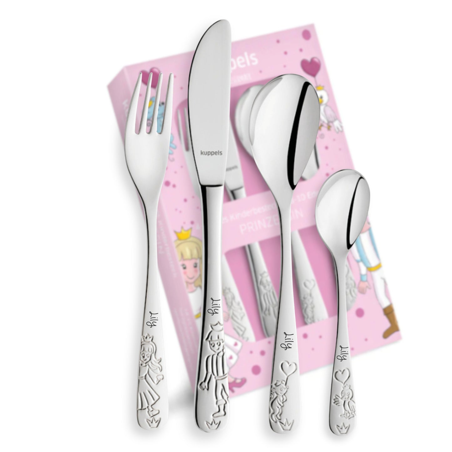 Kinderbesteck mit Gravur personalisiert I 4teilig aus Edelstahl I Namensgravur I Prinzessin-Design I Besteck mit Namen I Personalisiertes Geschenk für Kinder I Taufgeschenk