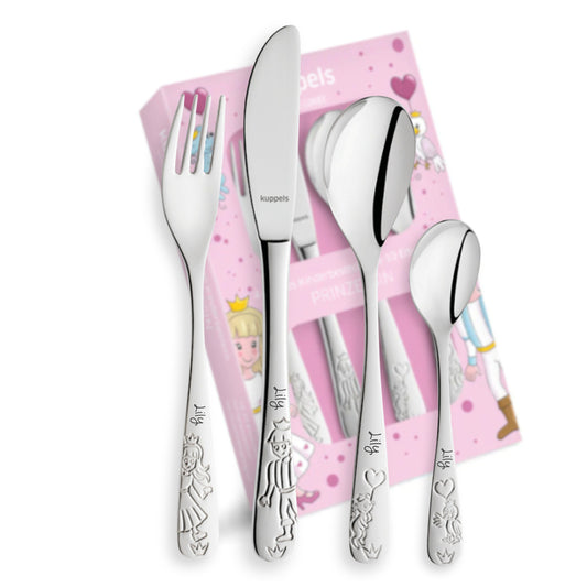 Kinderbesteck mit Gravur personalisiert I 4teilig aus Edelstahl I Namensgravur I Prinzessin-Design I Besteck mit Namen I Personalisiertes Geschenk für Kinder I Taufgeschenk