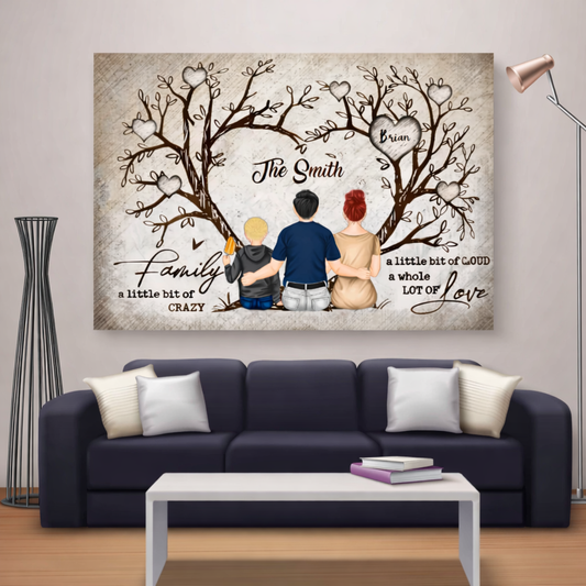 Familien Herzbaum Sitzend – Personalisierte Leinwand im Querformat
