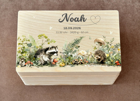 Holzkiste Waschbär, Igel, Maus
