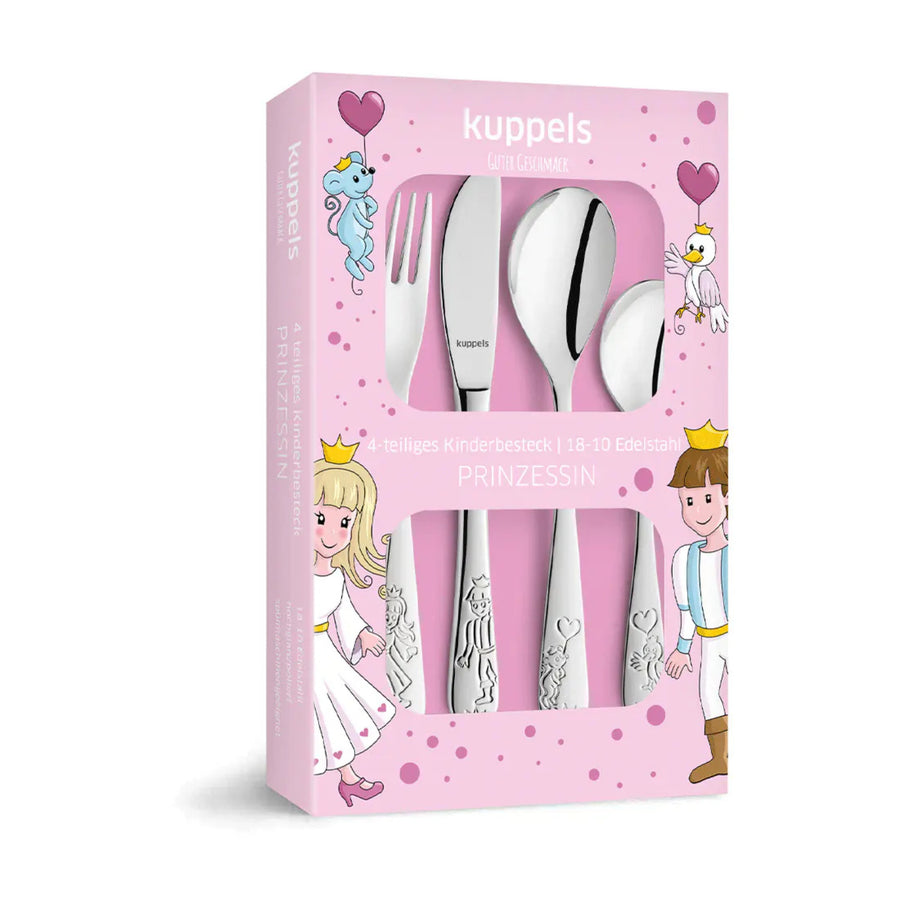 Kinderbesteck mit Gravur personalisiert I 4teilig aus Edelstahl I Namensgravur I Prinzessin-Design I Besteck mit Namen I Personalisiertes Geschenk für Kinder I Taufgeschenk