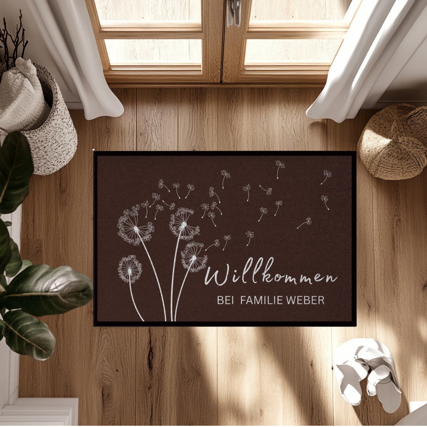 Personalisierte Fußmatte mit Namen – Willkommen bei Familie – Pusteblume Türmatte mit Gummirand