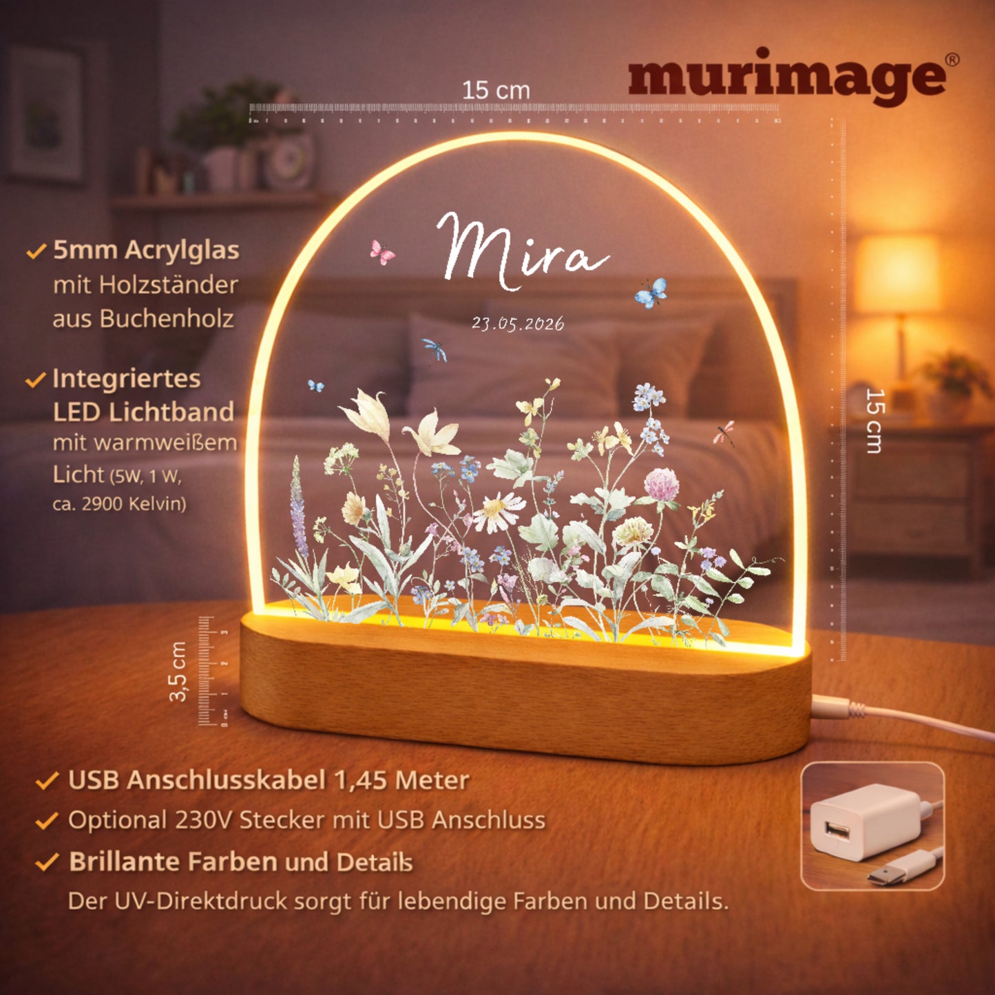 Personalisiertes LED Nachtlicht Halbkreis mit Wildblumen & Name + Datum