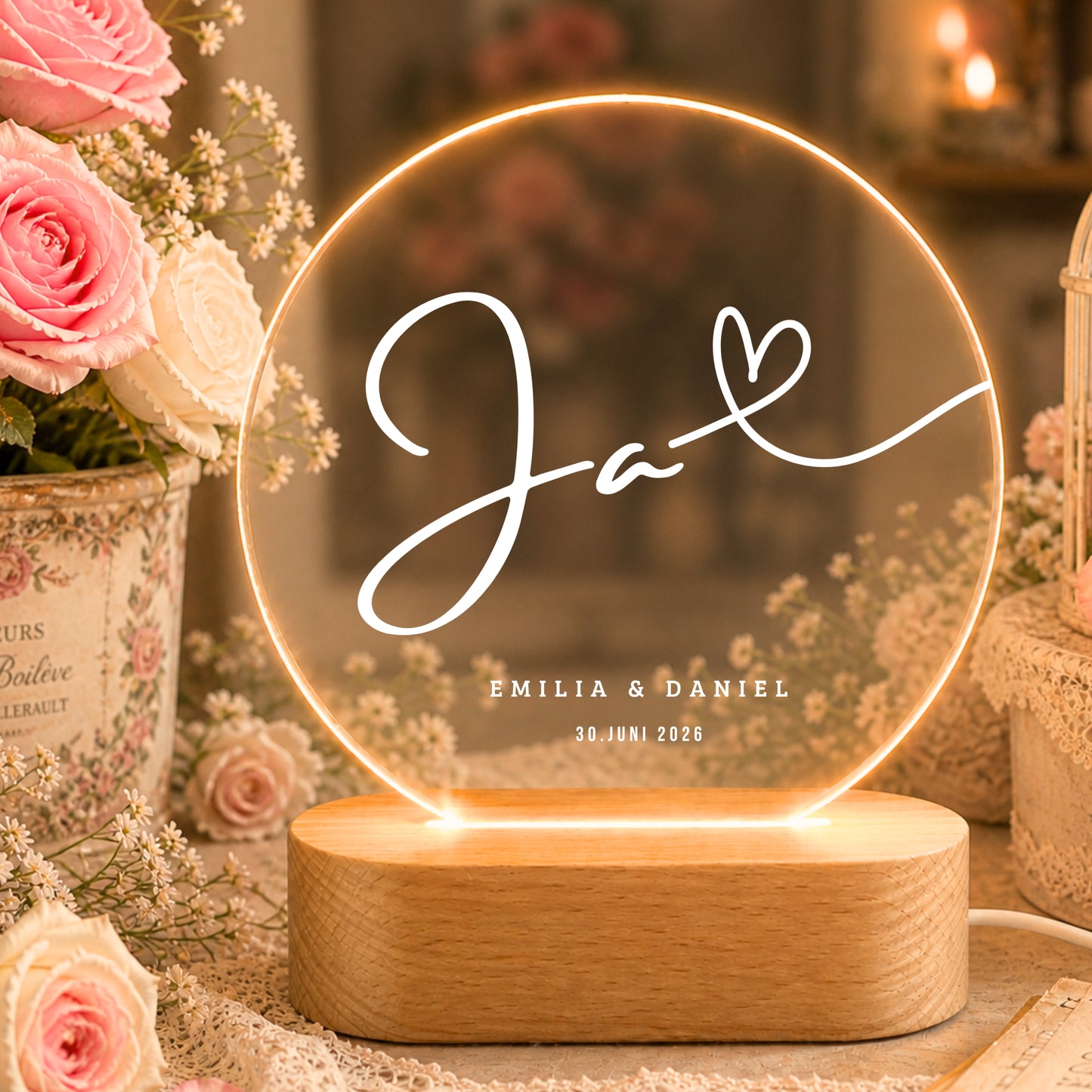 Personalisiertes „Ja“ Hochzeit Nachtlicht mit Namen & Datum – Romantische LED Acryl Lampe für Paare & Hochzeitsgeschenk
