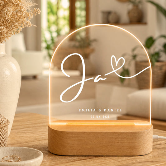 Personalisiertes „Ja“ Hochzeit Nachtlicht mit Namen & Datum – Romantische LED Acryl Lampe für Paare & Hochzeitsgeschenk