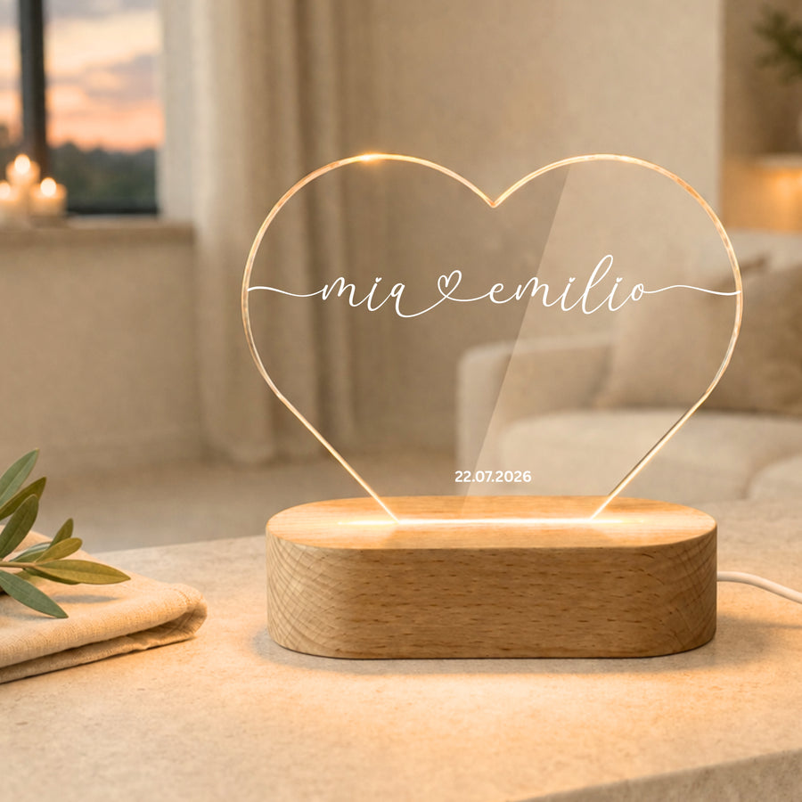Personalisiertes Herz Nachtlicht mit Namen & Datum – Romantische LED Acryl Lampe für Paare & Hochzeitsgeschenk