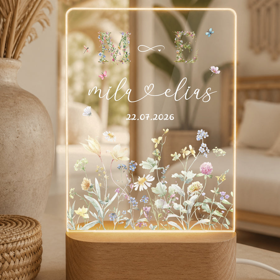 Personalisiertes Hochzeit Nachtlicht mit Wildblumen Monogramm – LED Acryl Lampe für Paare