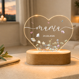 Personalisierte LED Acryl Lampe mit Name & Geburtsdatum – Blumen Nachtlicht als Geschenk zur Geburt, Kinderzimmer Deko