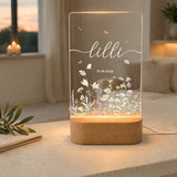 Personalisierte LED Acryl Lampe mit Name & Geburtsdatum – Blumen Nachtlicht als Geschenk zur Geburt, Kinderzimmer Deko