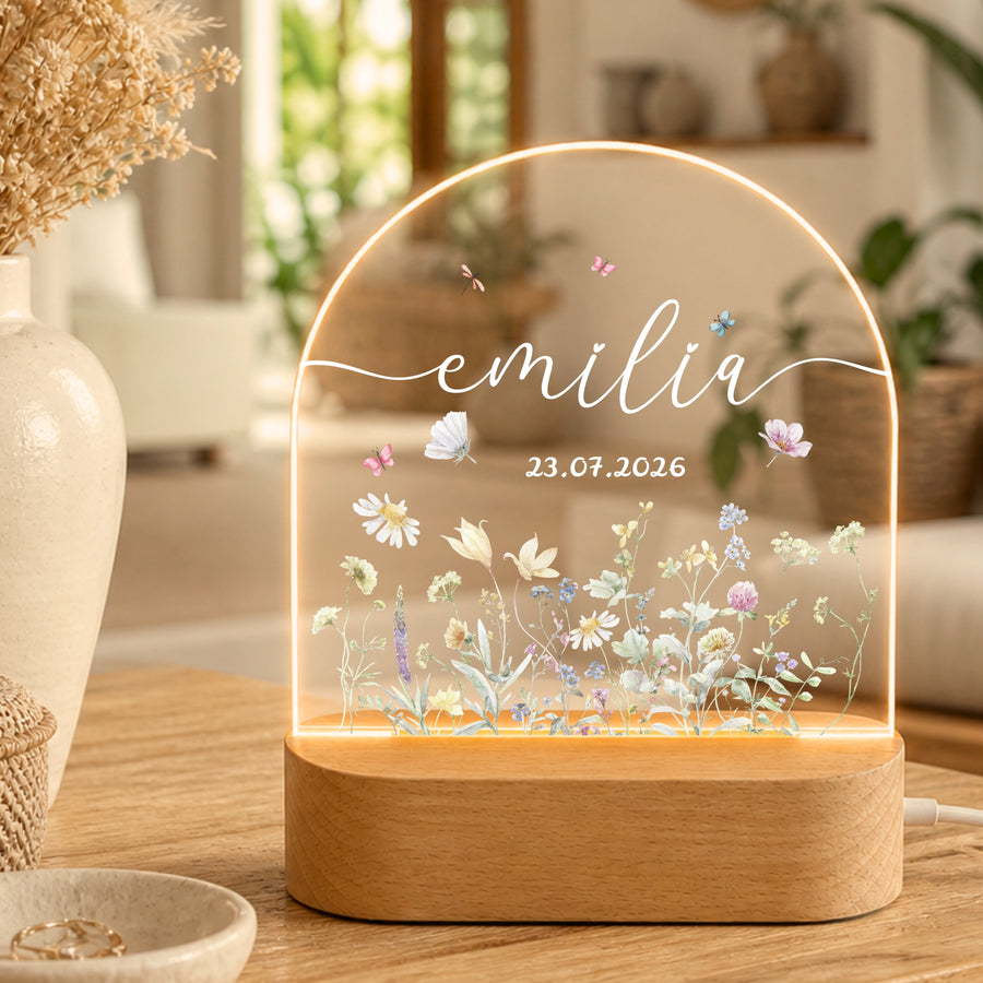Personalisierte LED Acryl Lampe mit Name & Geburtsdatum – Blumen Nachtlicht als Geschenk zur Geburt, Kinderzimmer Deko