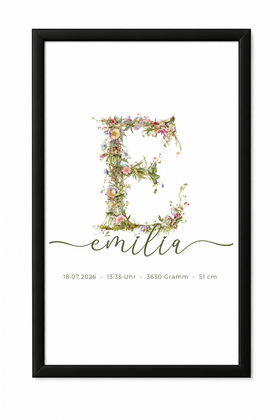 Poster Wildblumen Monogramm Love Line Schrift – Personalisiertes Namensposter mit Geburtsdaten & Initiale