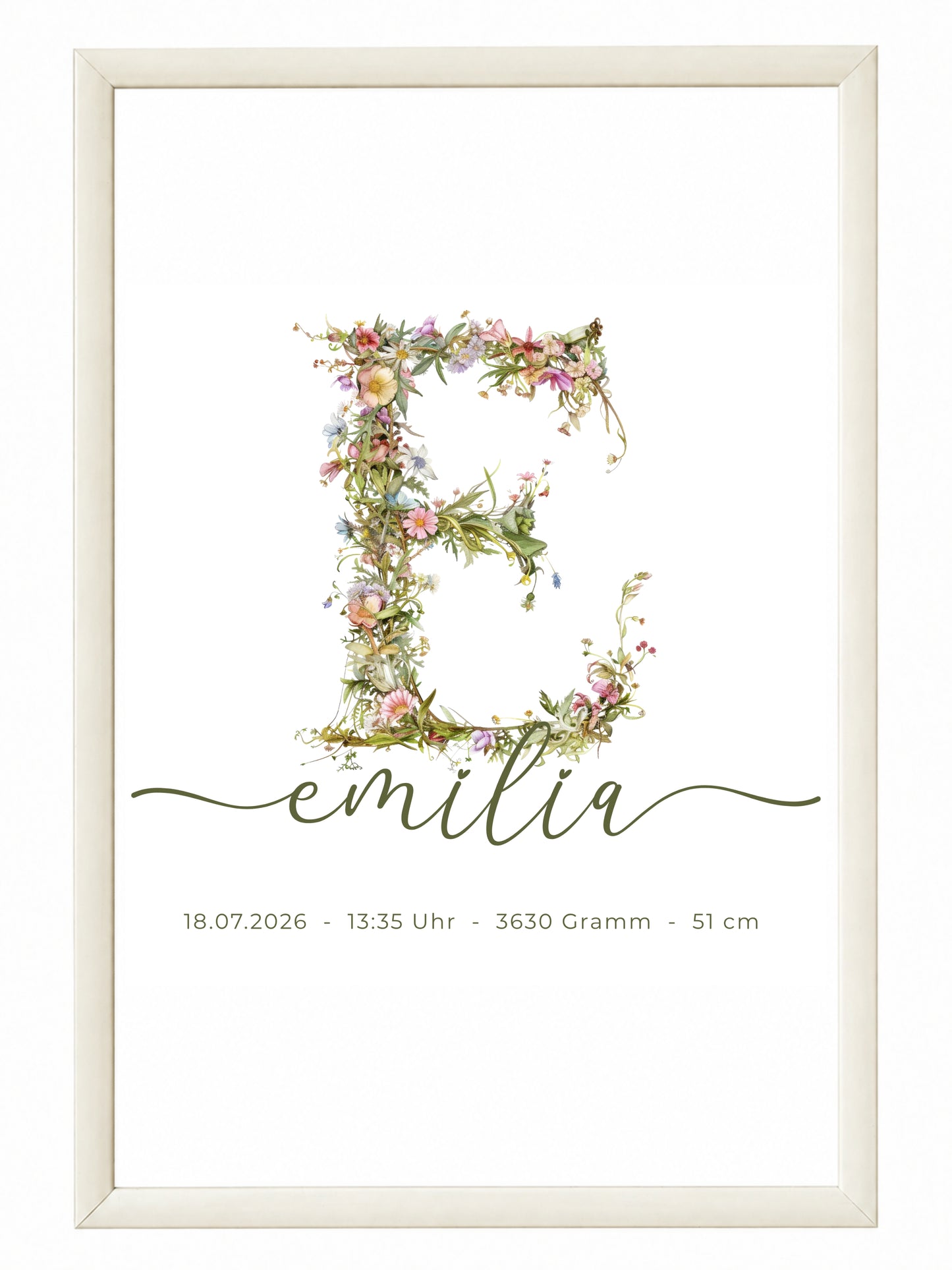 Poster Wildblumen Monogramm Love Line Schrift – Personalisiertes Namensposter mit Geburtsdaten & Initiale