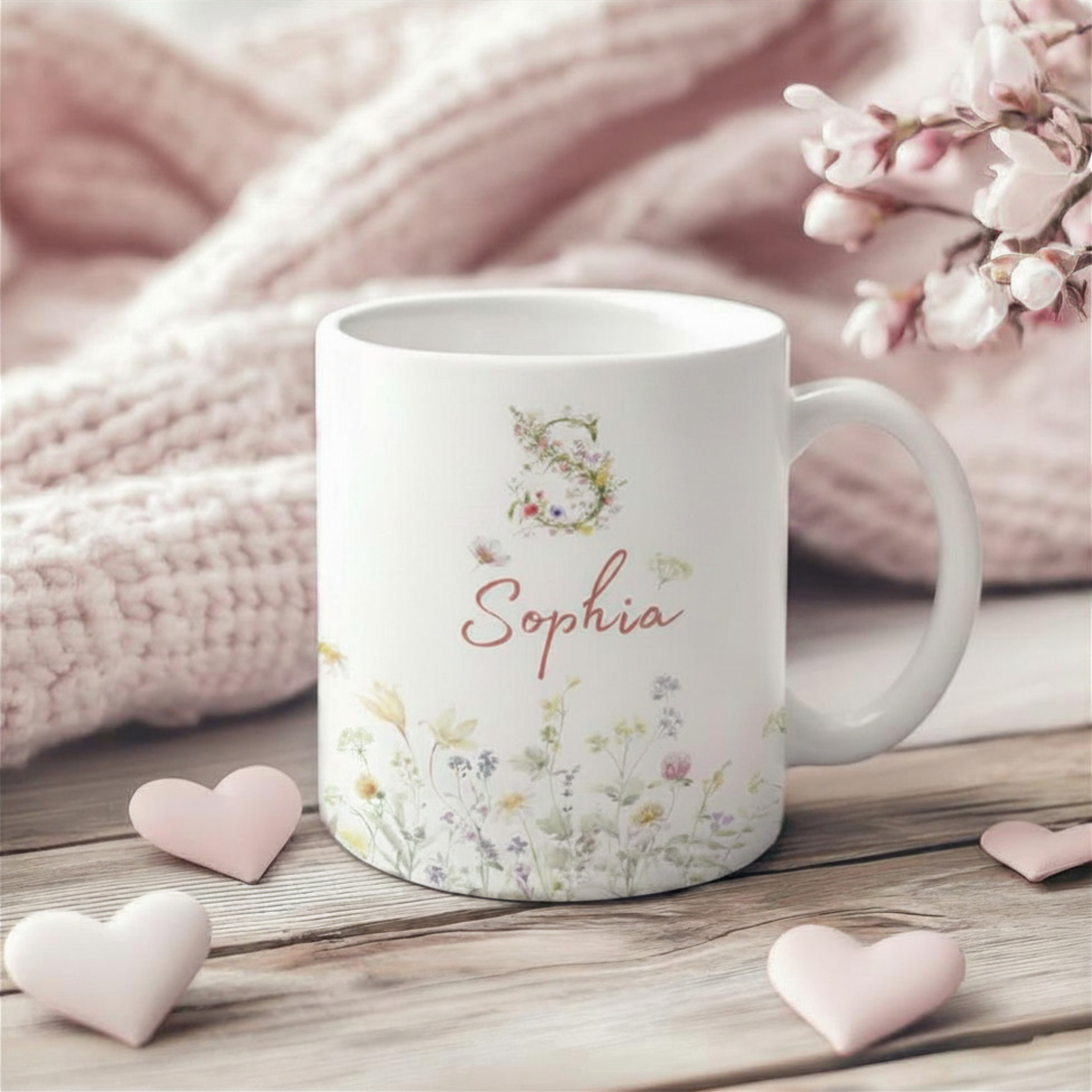 Personalisierte Wildblumen Tasse mit Initiale & Name | Individuelle Blumen Monogramm Keramiktasse für Frauen & Mädchen