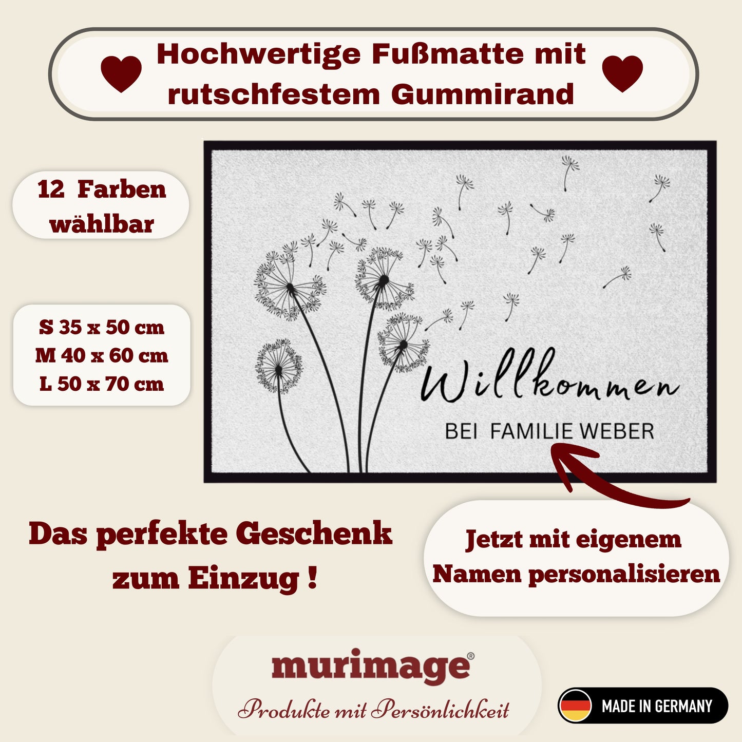 Personalisierte Fußmatte mit Namen – Willkommen bei Familie – Pusteblume Türmatte mit Gummirand